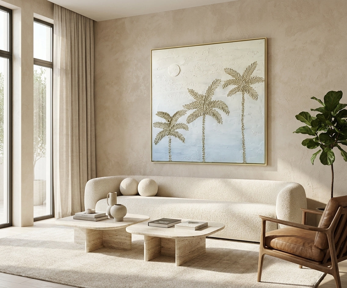 ID-FR75 arts frame, palm trio canvas above a cream sofa by tall windows