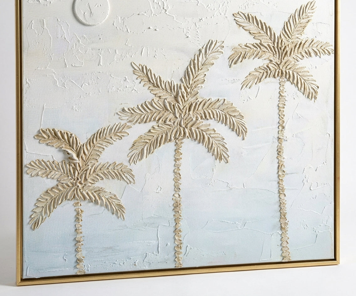 ID-FR75 arts frame, palm trio canvas above a cream sofa by tall windows