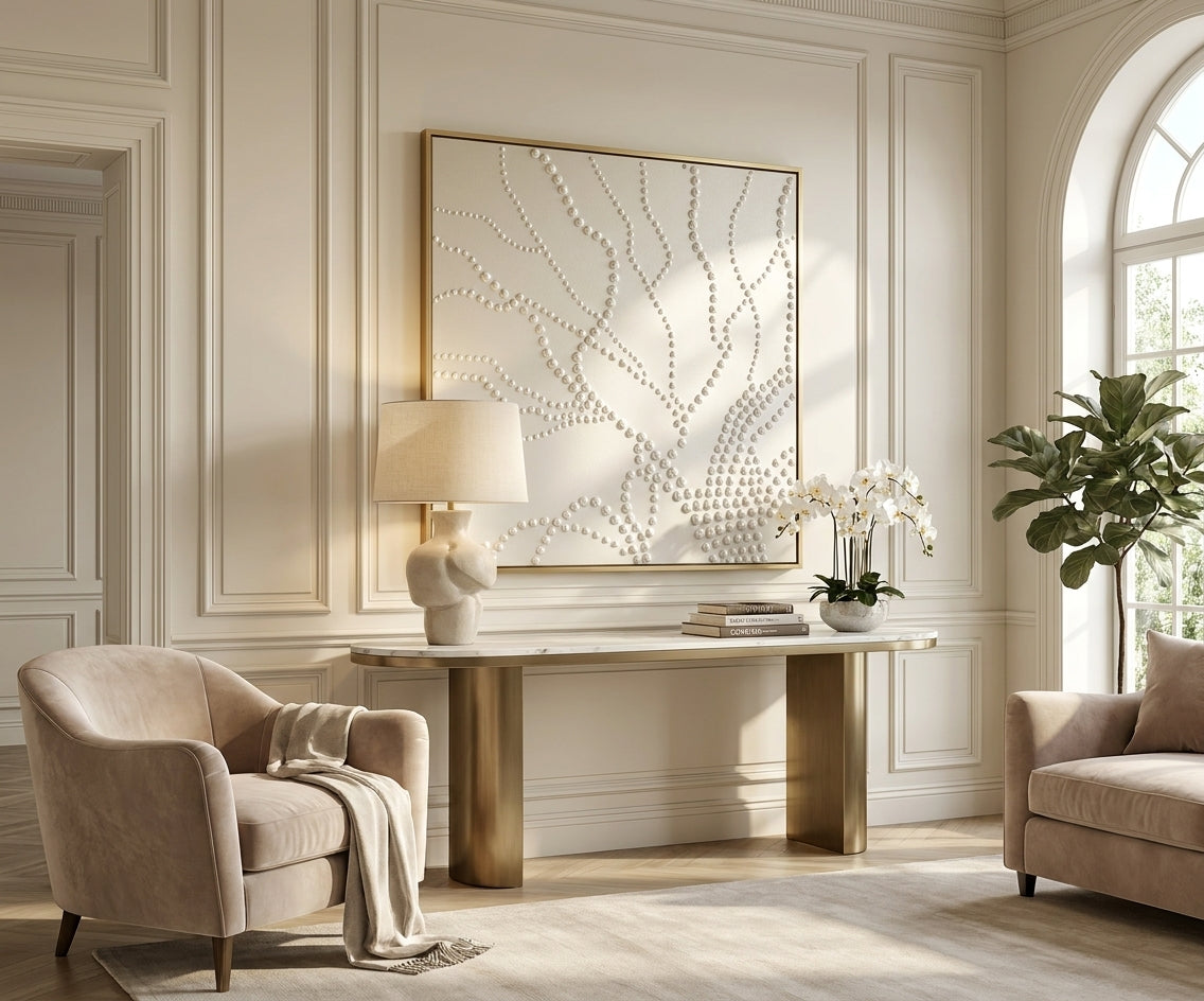 ID-FR76 arts frame, beaded branch relief above a brass console table