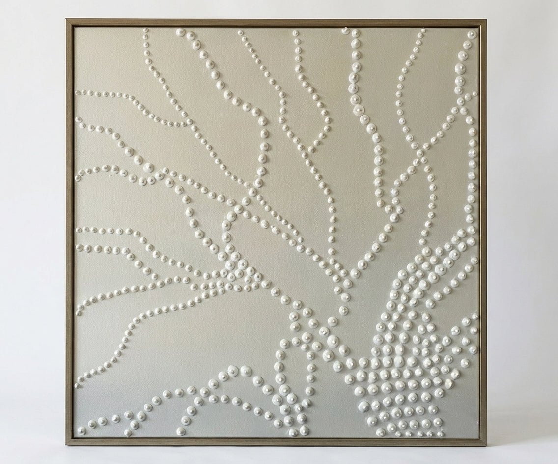 ID-FR76 arts frame, beaded branch relief above a brass console table