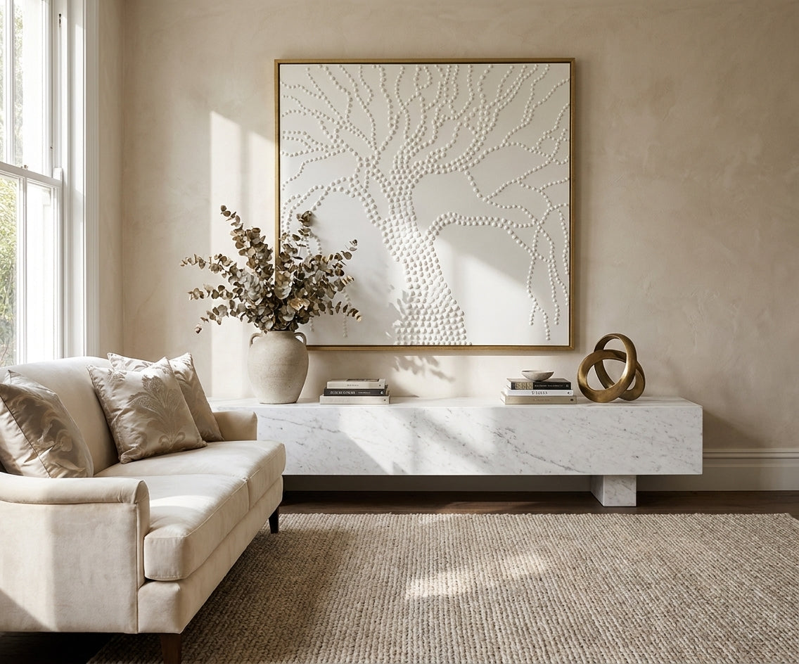 ID-FR77 arts frame, beaded tree relief above a marble console table