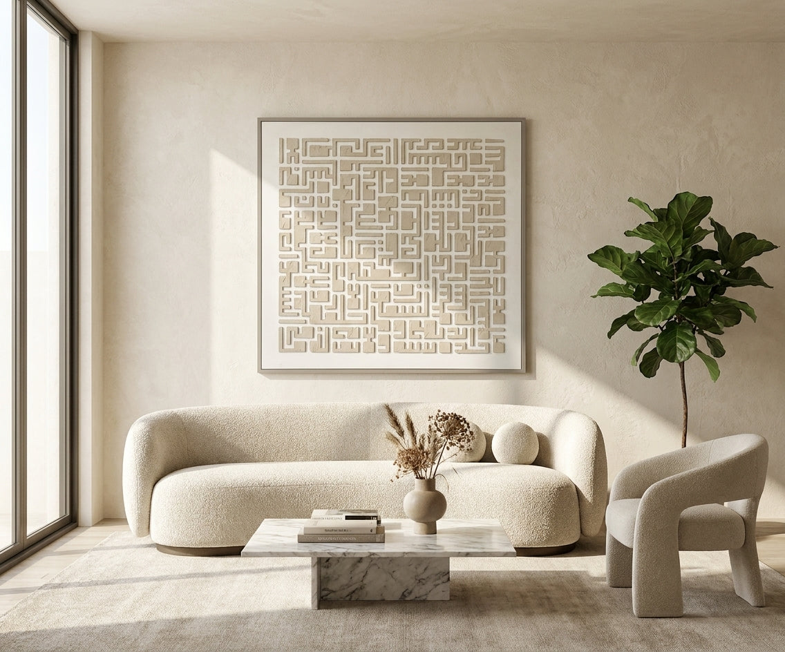 ID-FR78 arts frame, Kufic calligraphy relief above a curved boucle sofa