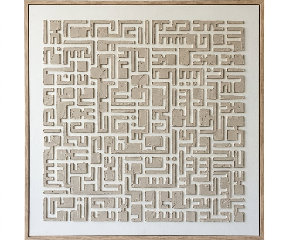 ID-FR78 arts frame, Kufic calligraphy relief above a curved boucle sofa