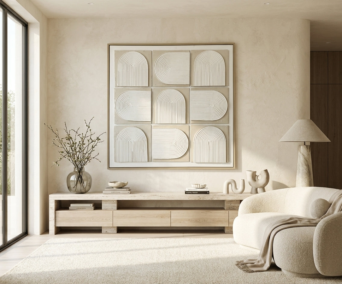 ID-FR79 arts frame, nine-panel arch relief above an oak media unit