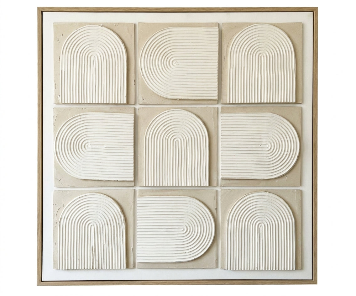 ID-FR79 arts frame, nine-panel arch relief above an oak media unit