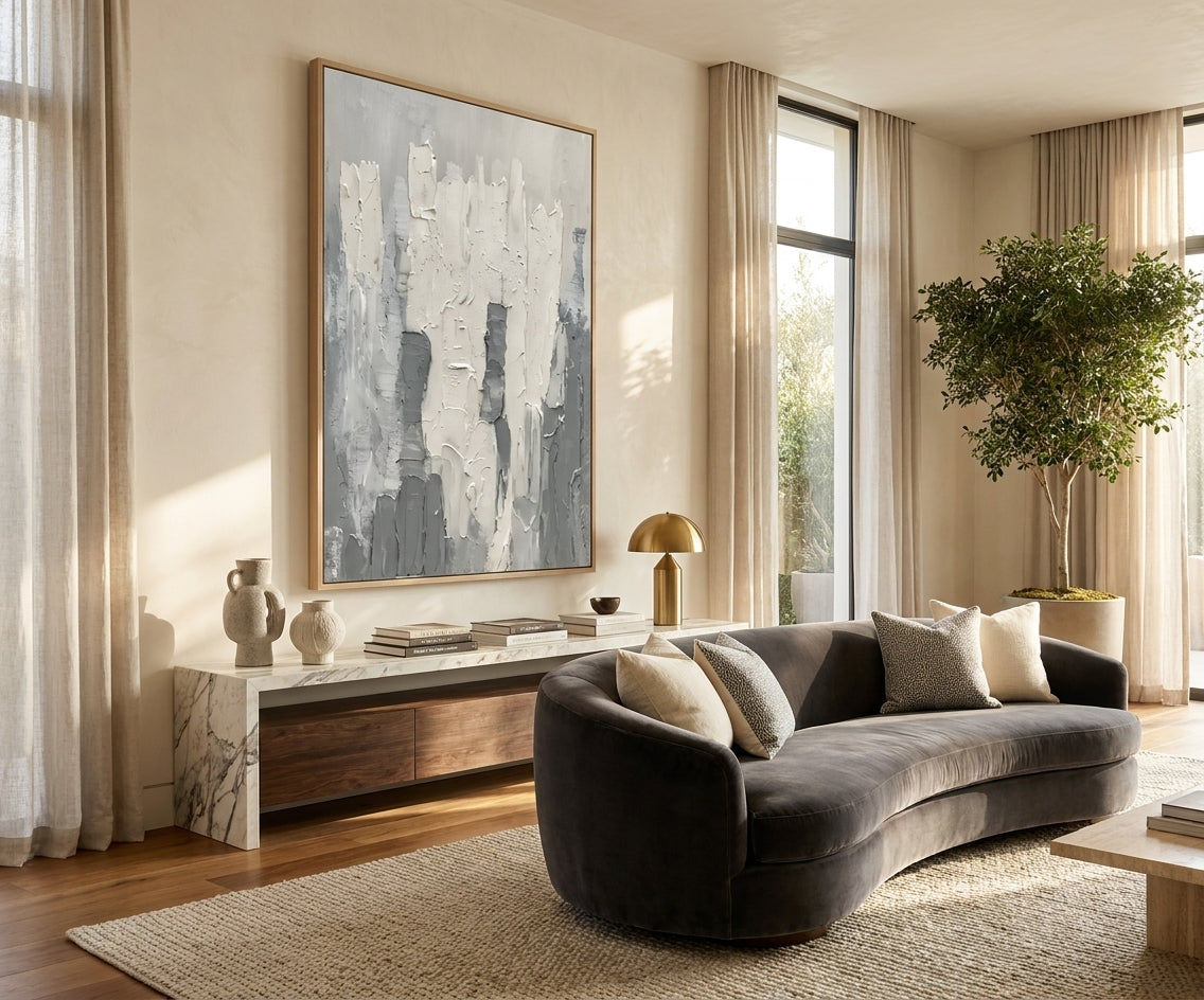 ID-FR8 arts frame, grey abstract canvas above a curved sofa in a bright room