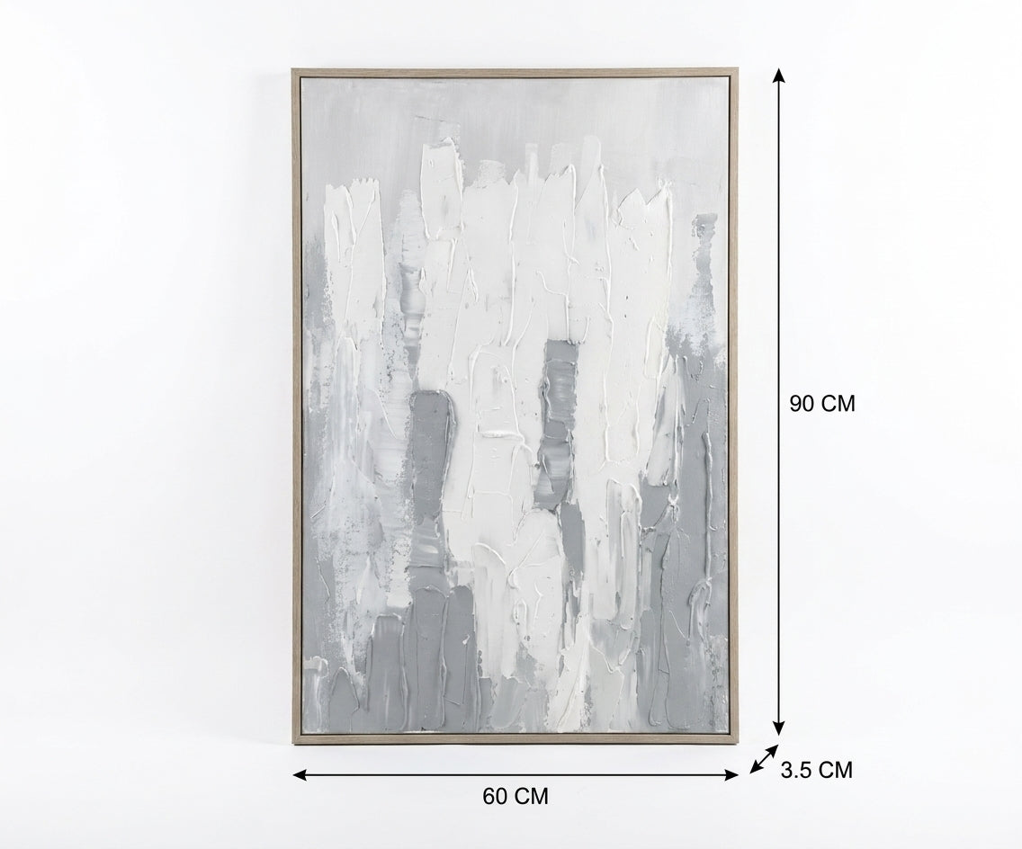 ID-FR8 arts frame, grey abstract canvas above a curved sofa in a bright room