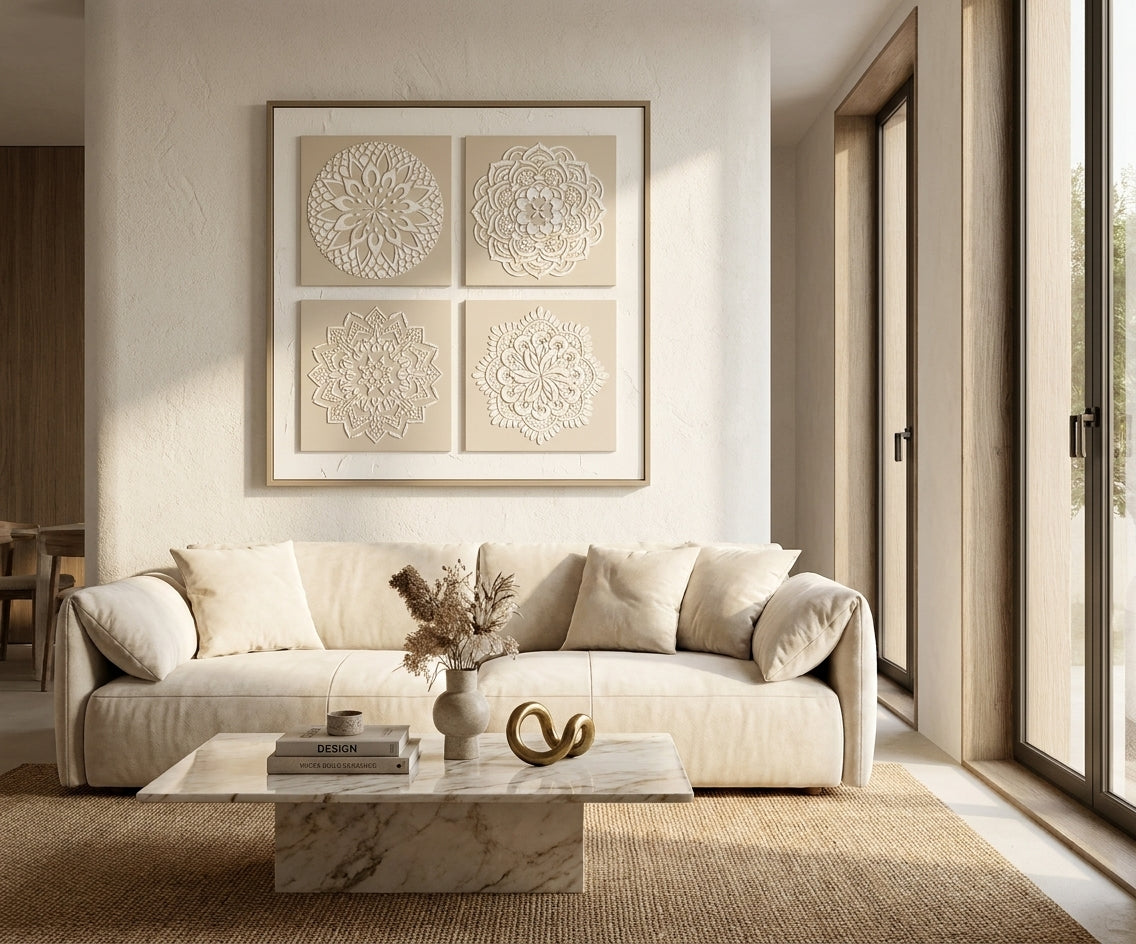 ID-FR80 arts frame, four-panel mandala relief above a cream sofa