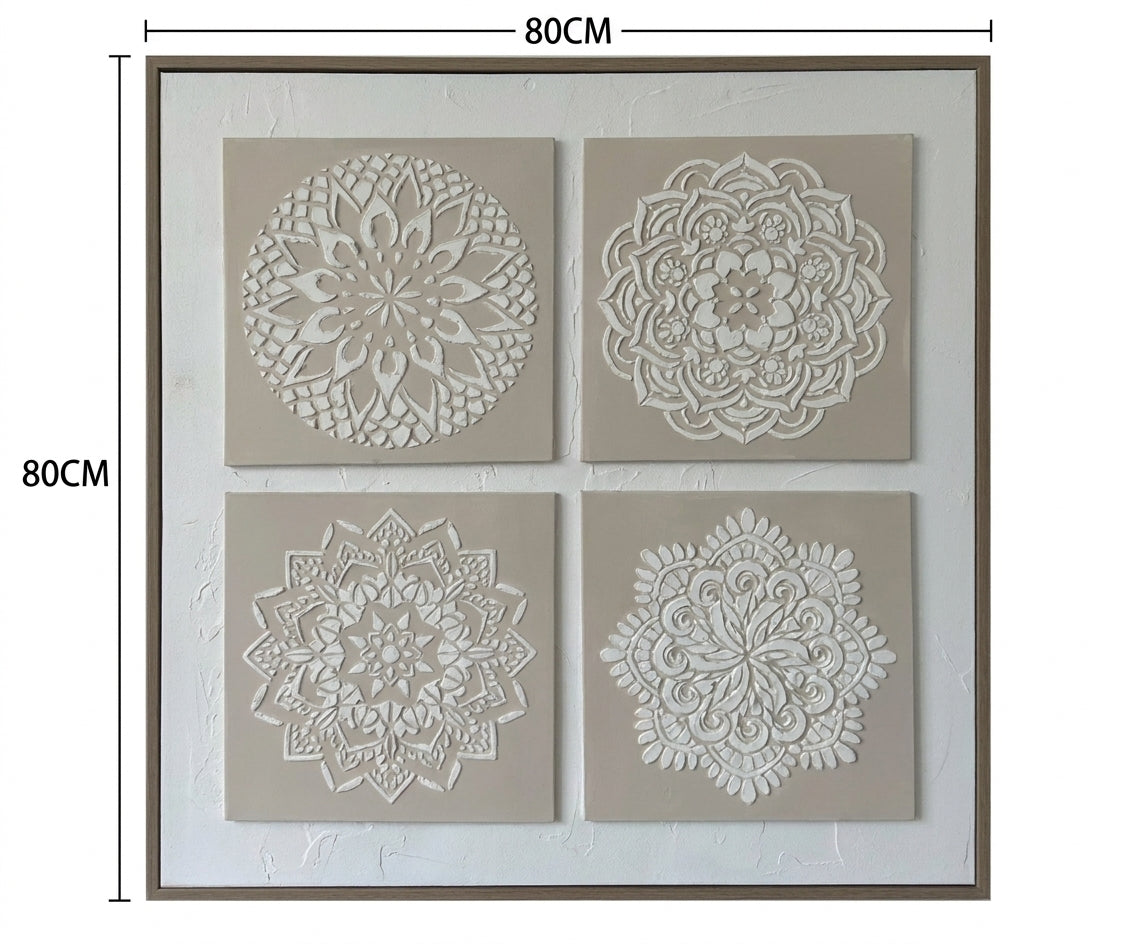 ID-FR80 arts frame, four-panel mandala relief above a cream sofa
