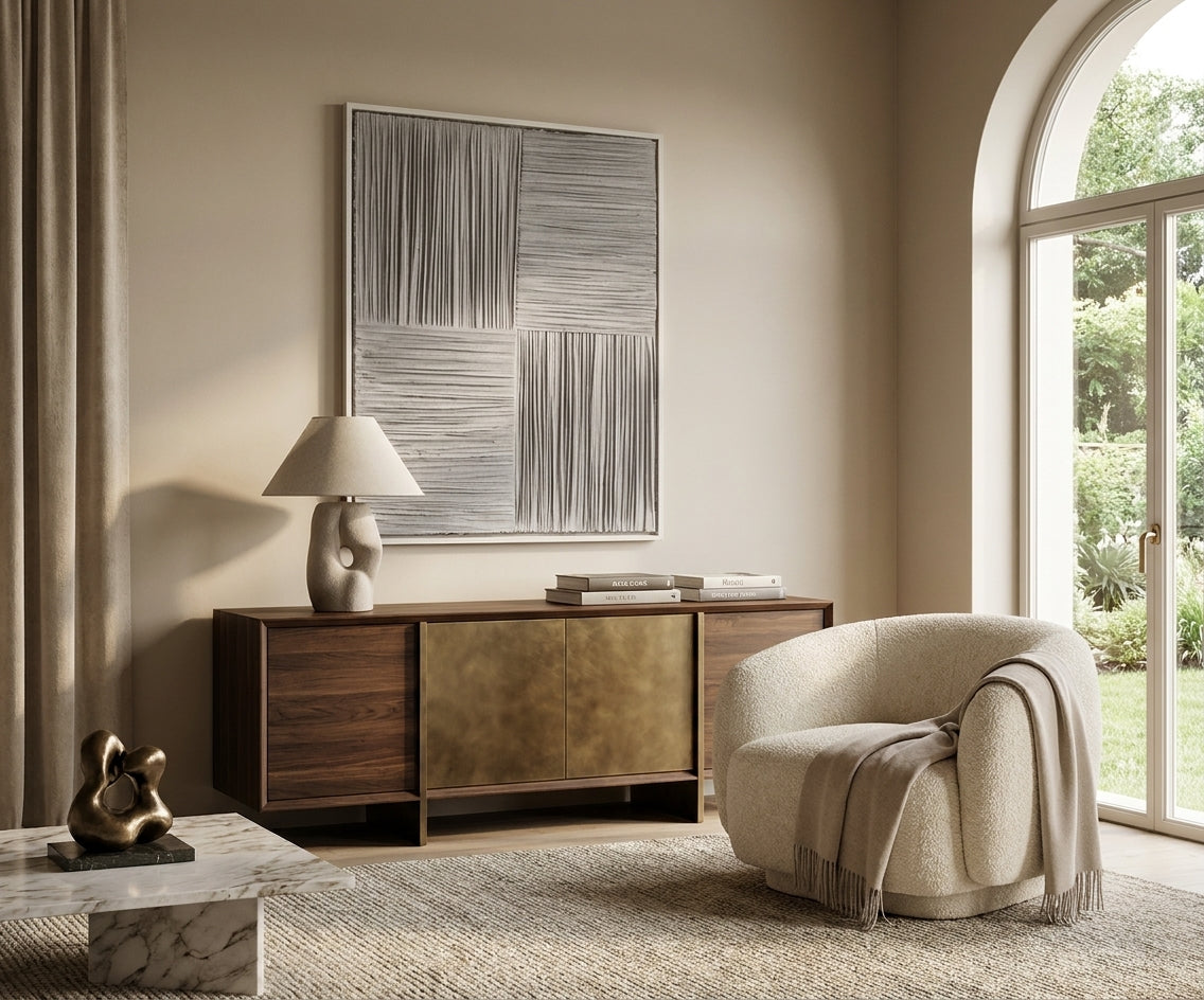 ID-FR81 arts frame, textured line-relief canvas above a walnut sideboard