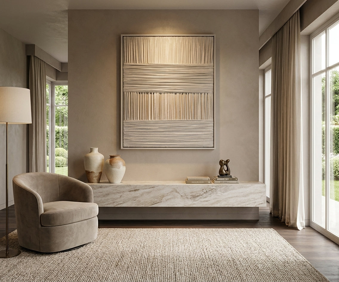 ID-FR82 arts frame, woven fibre wall art above a stone bench in a lit room
