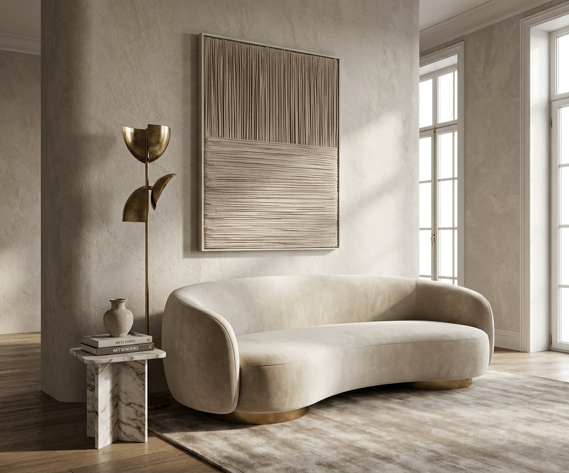 ID-FR83 arts frame, fibre wall art above a curved cream sofa in a sunlit room