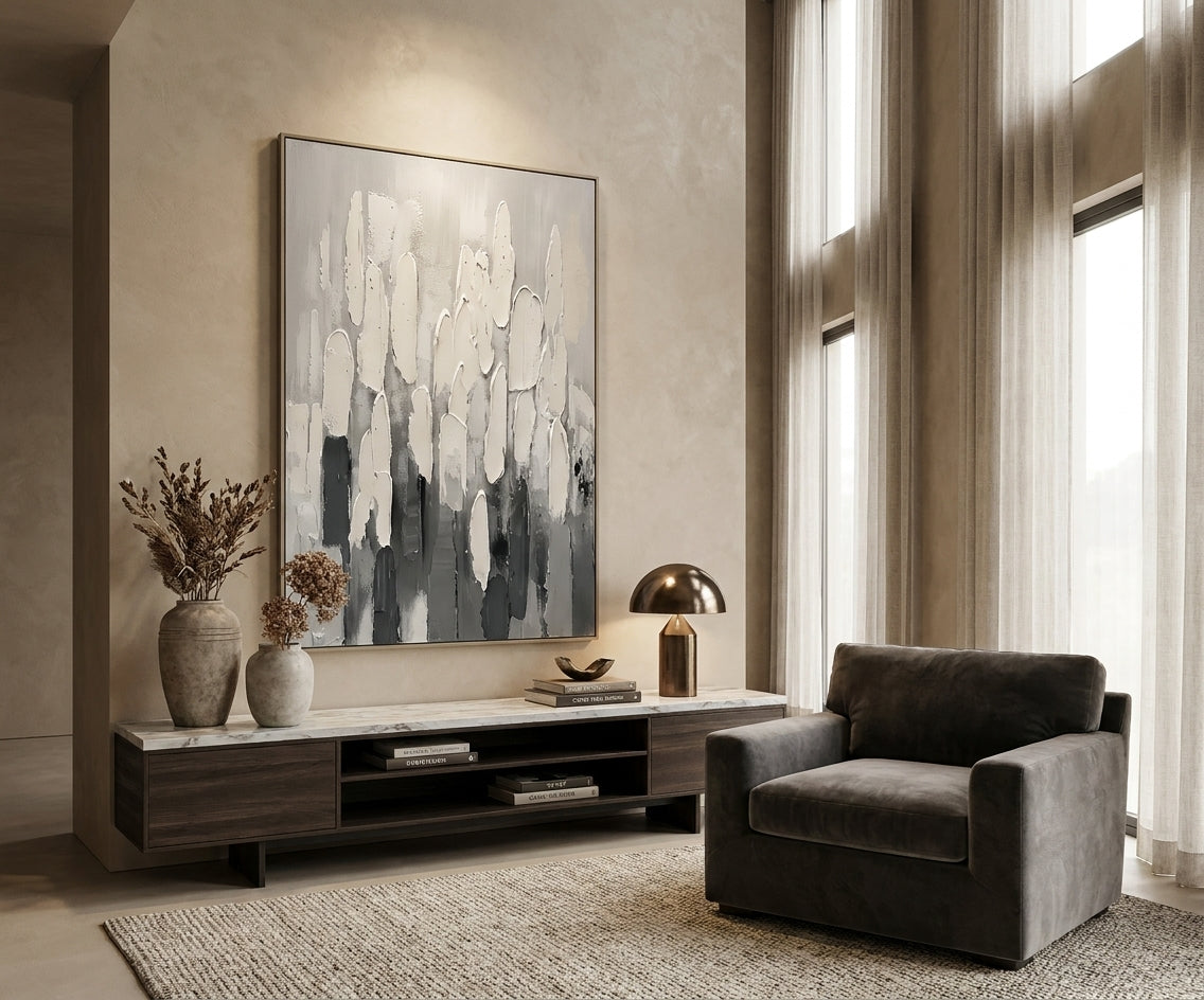 ID-FR9 arts frame, grey and cream abstract canvas above a walnut TV unit