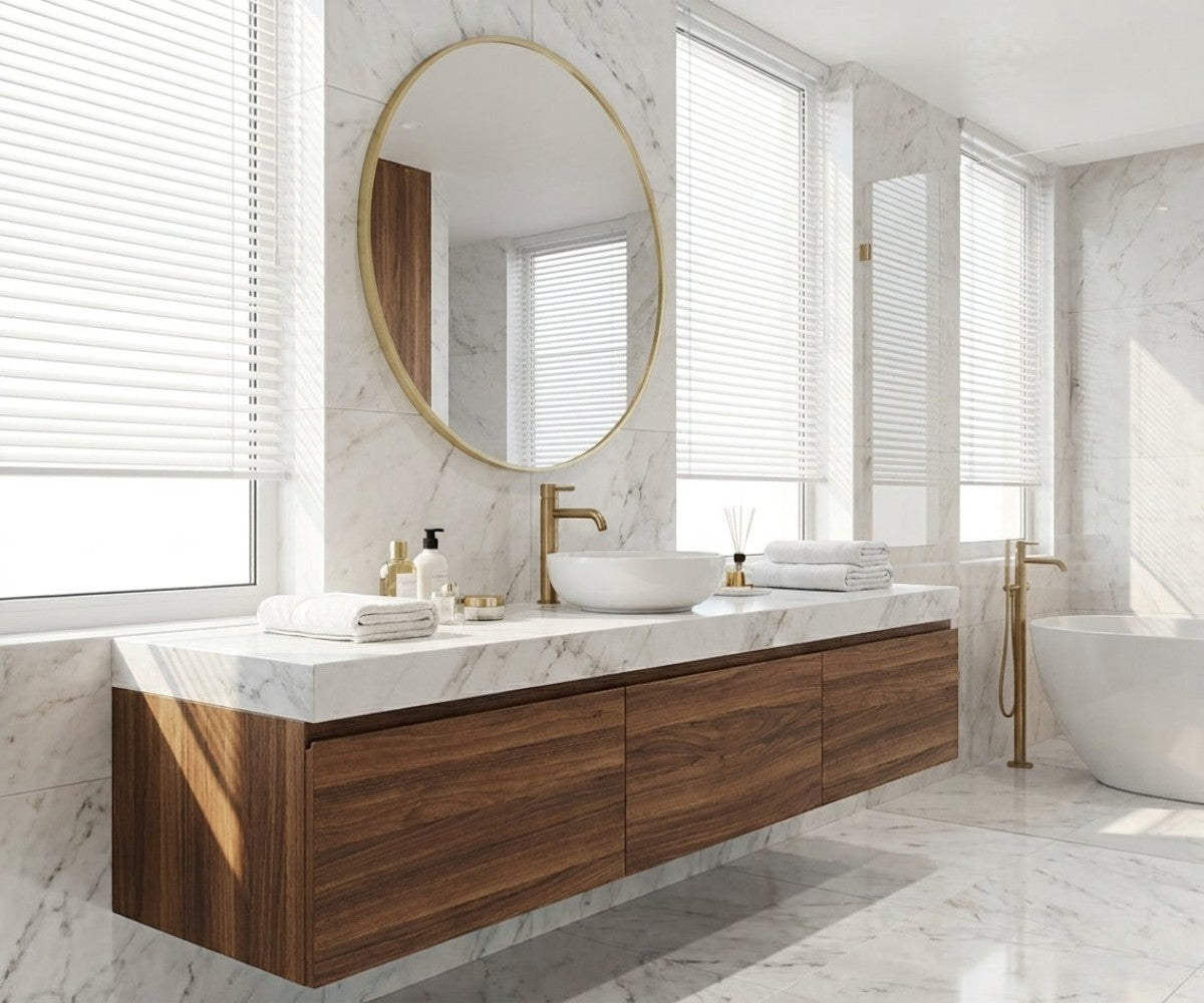 ID-MR2 oval bathroom mirror above a walnut vanity in a marble bathroom