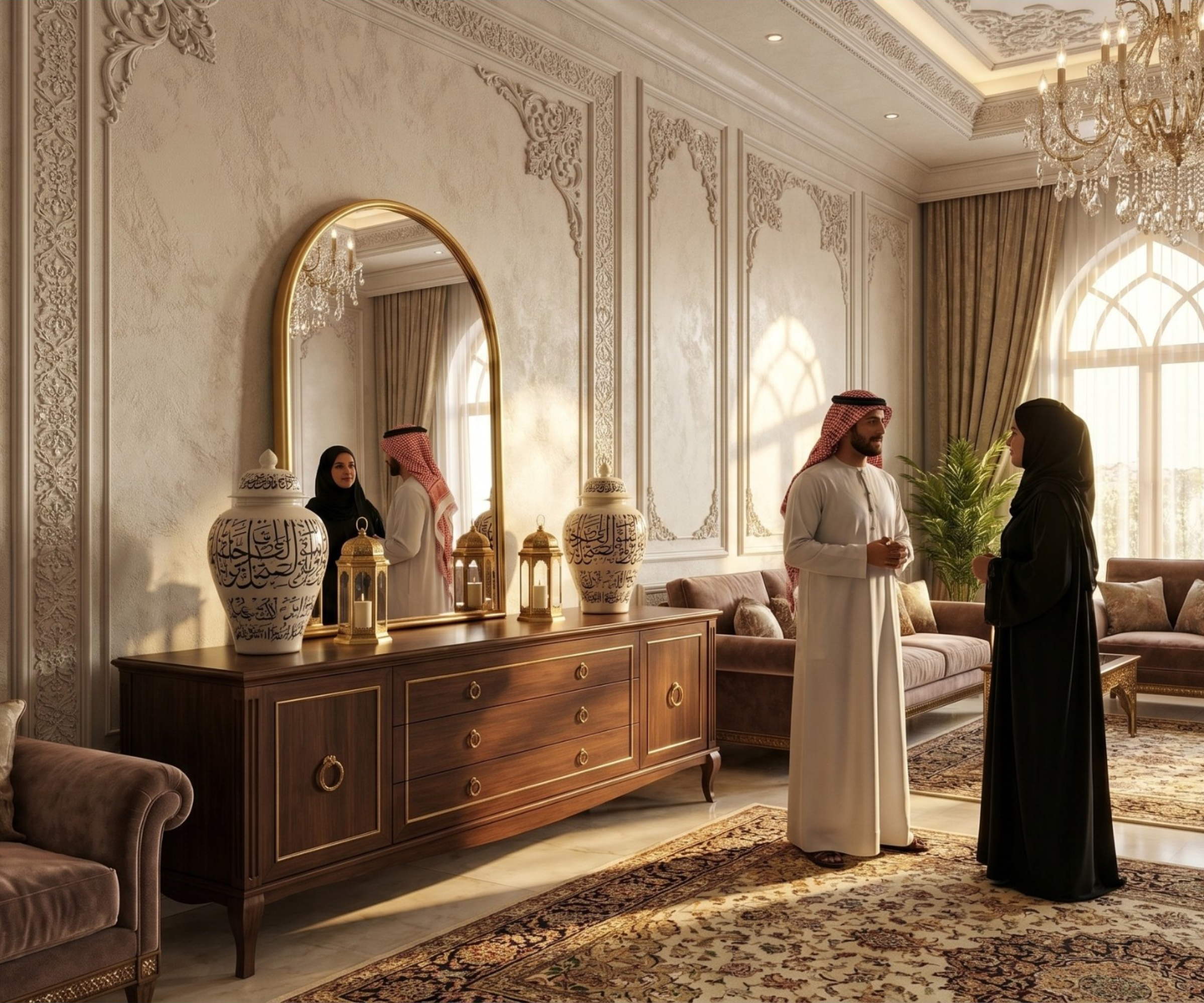 ID-MR3 modern wall mirror above a console in an ornate panelled majlis