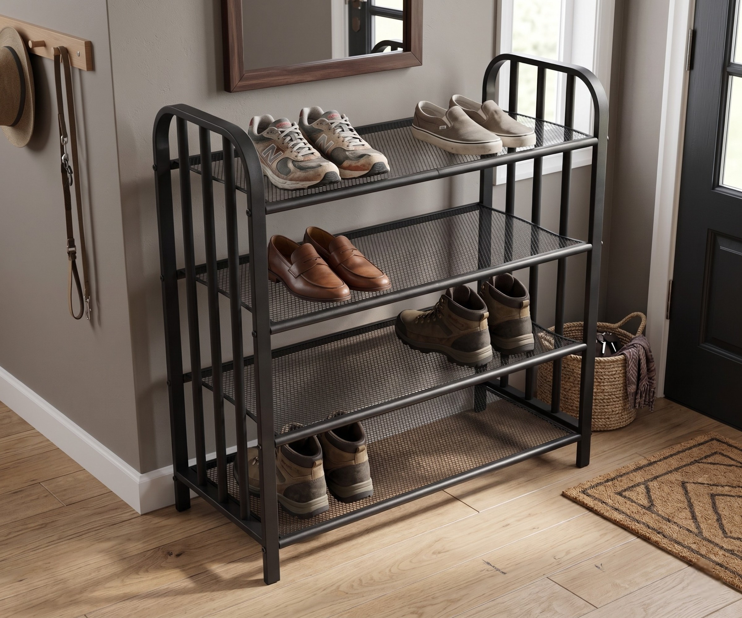 ID-SR1 modern shoe rack in a hallway, four black mesh tiers holding shoes