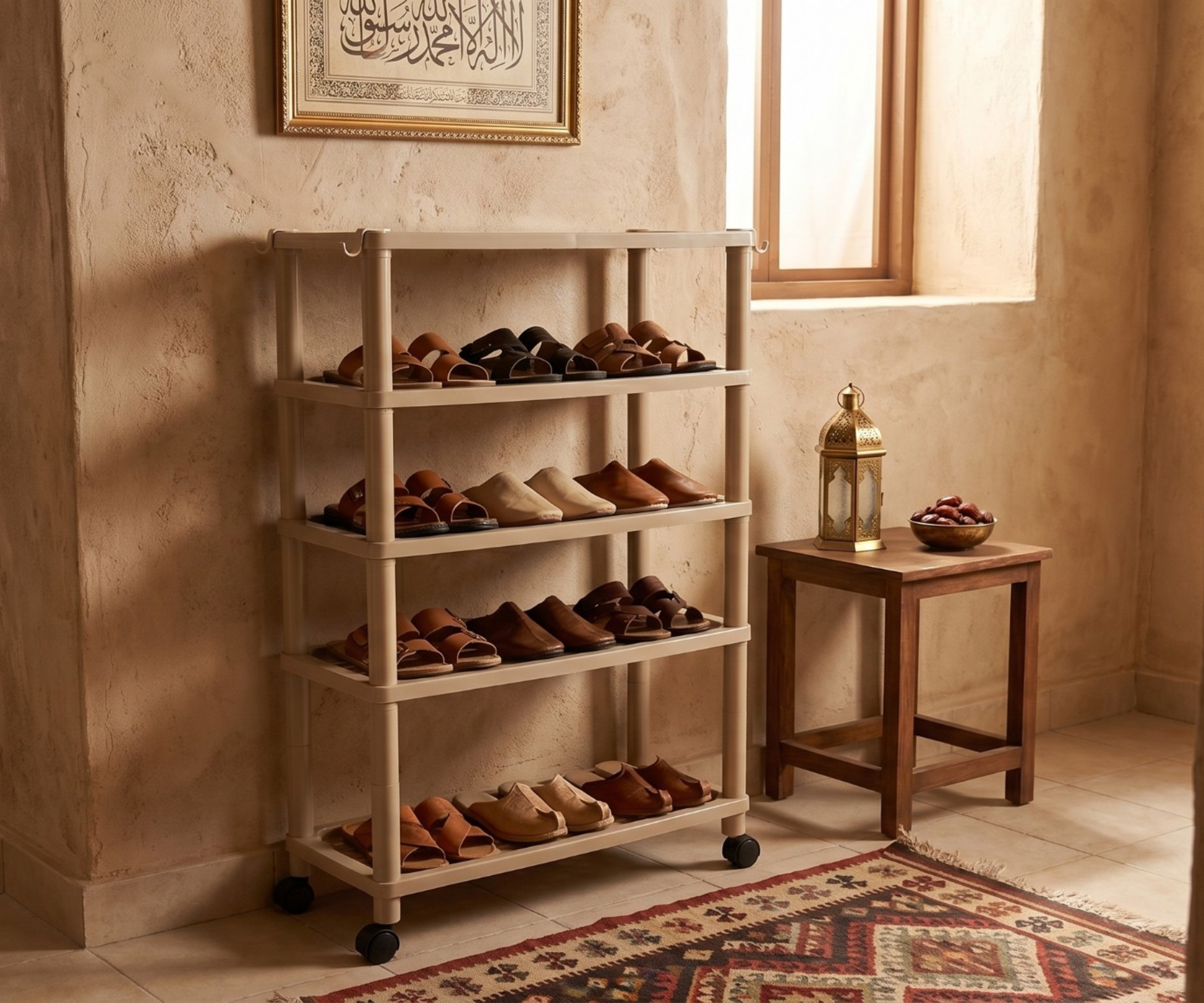 ID-SR18 plastic shoe organizer in a warm plaster room holding shoes