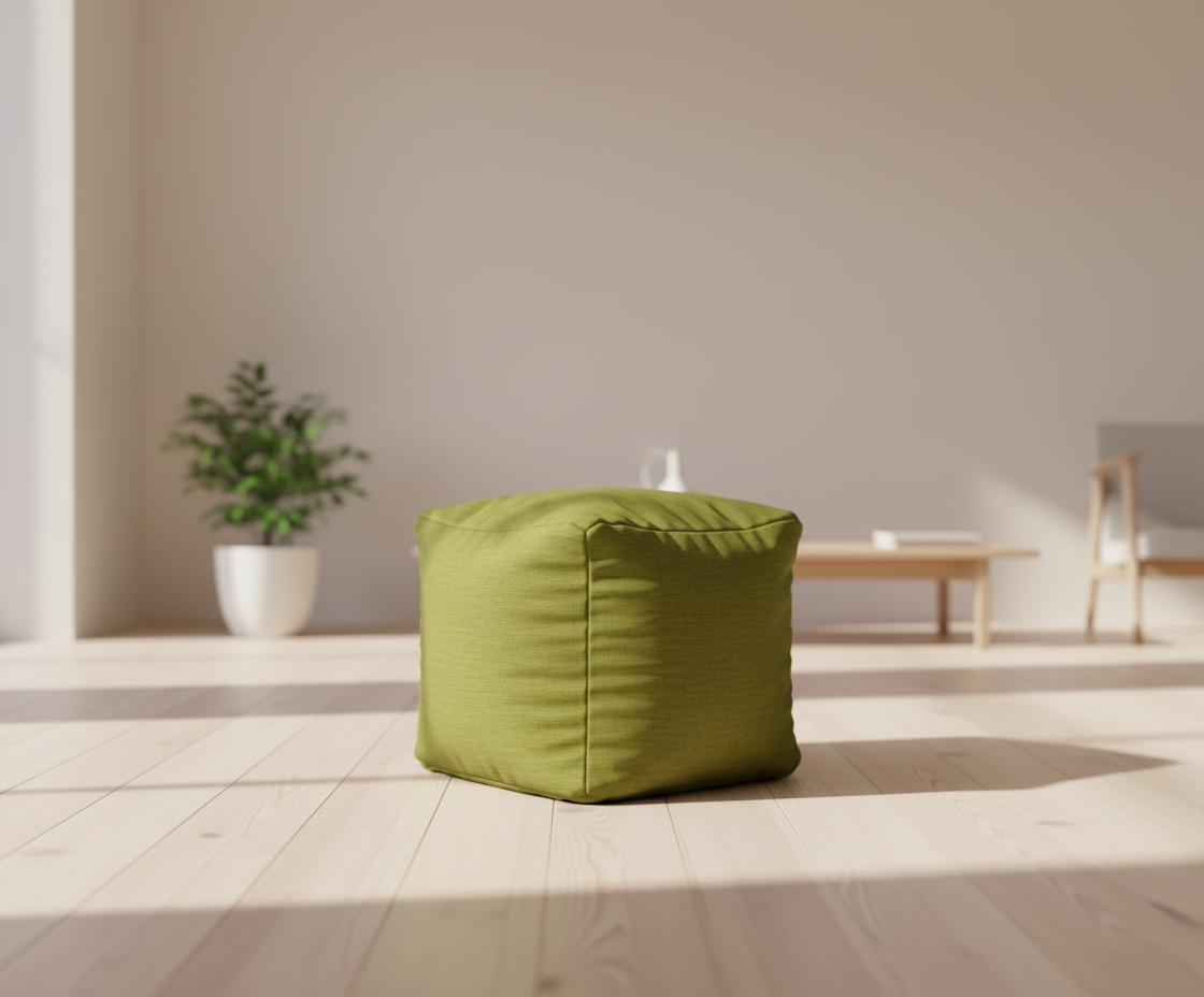 IDL modern square pouf in olive green, in a bright minimal room