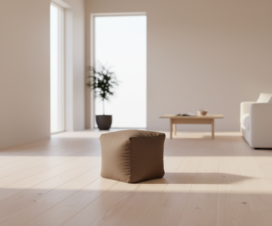 IDL modern square pouf in olive green, in a bright minimal room