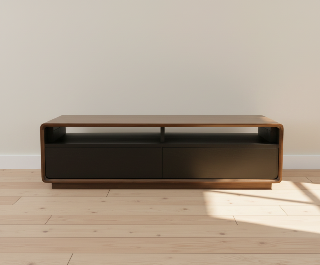 IDL modern walnut table, front view with an open lower shelf