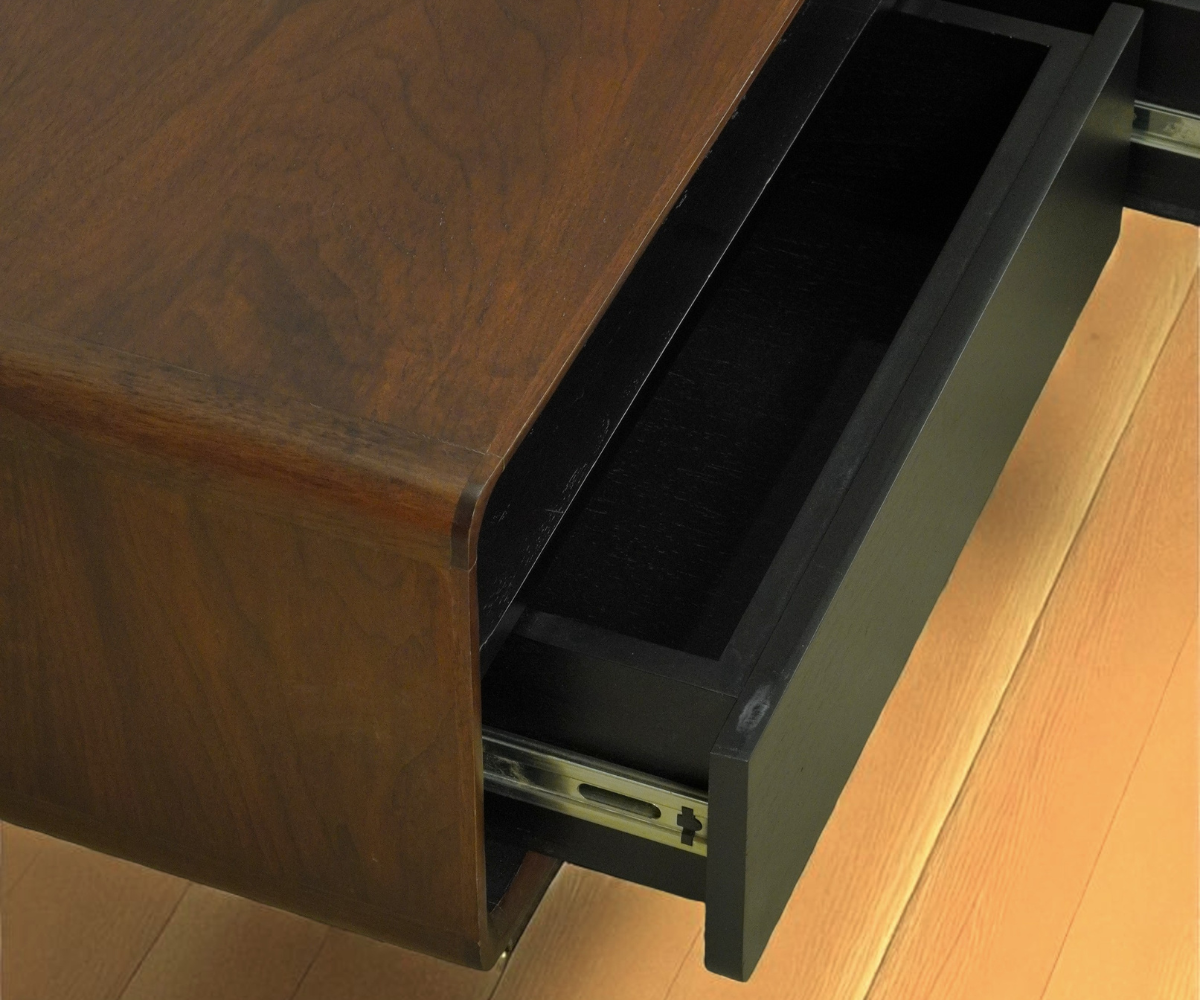 IDL modern walnut table, front view with an open lower shelf