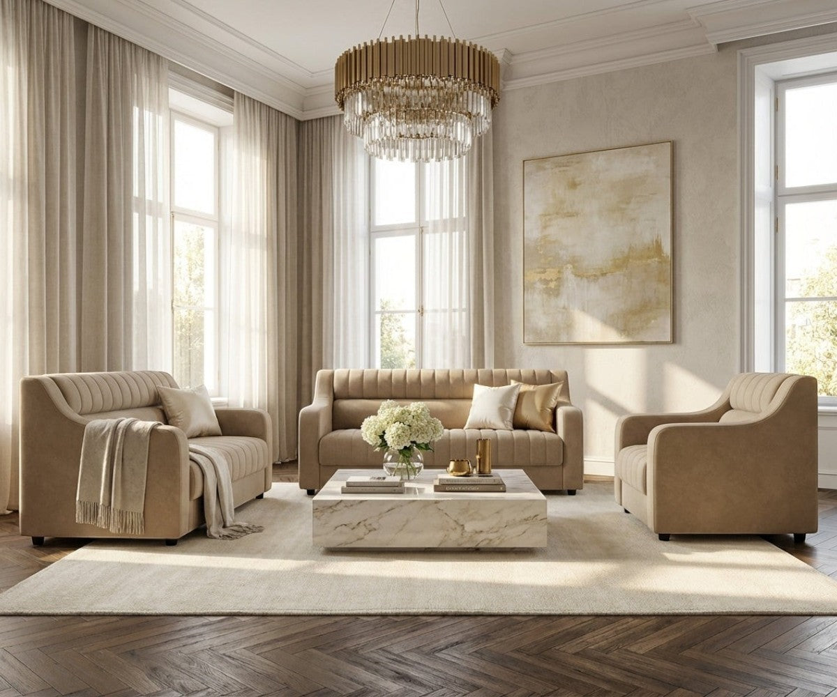 Impex beige velvet sofa set in a chandelier-lit panelled living room