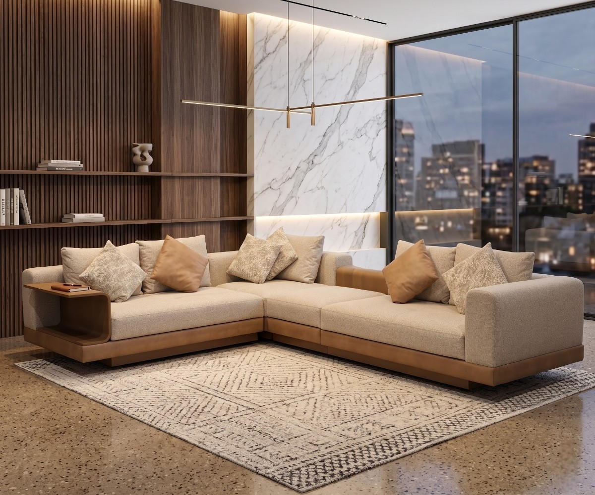 INFINITY beige corner sectional in a city-view living room