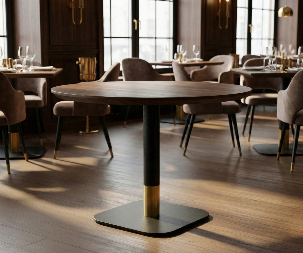 Iron table base kristy3152 with golden pole, under a round restaurant table
