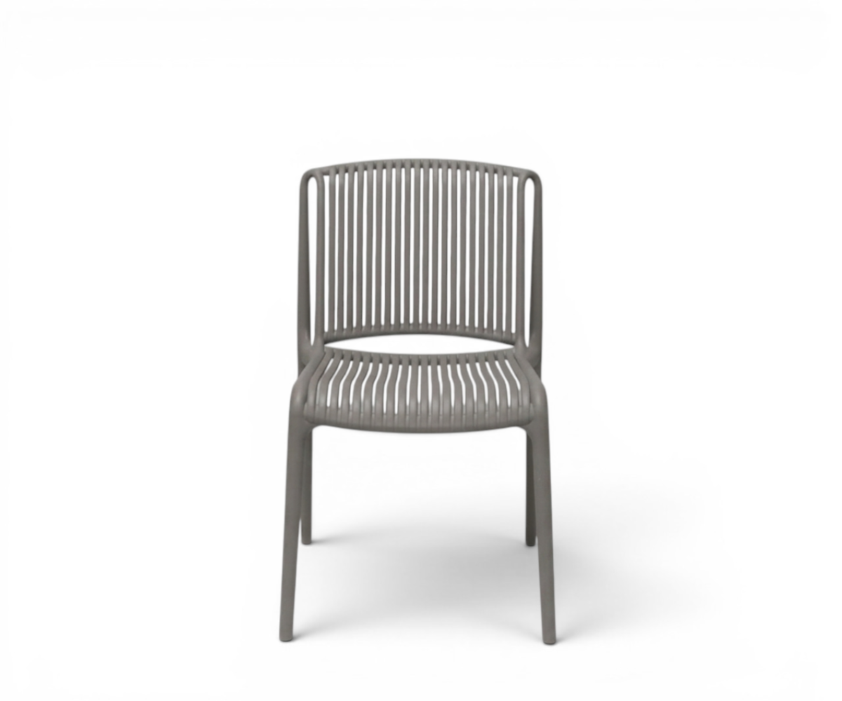 Java ribbed architectural side chair 17, front view in grey with a ribbed back
