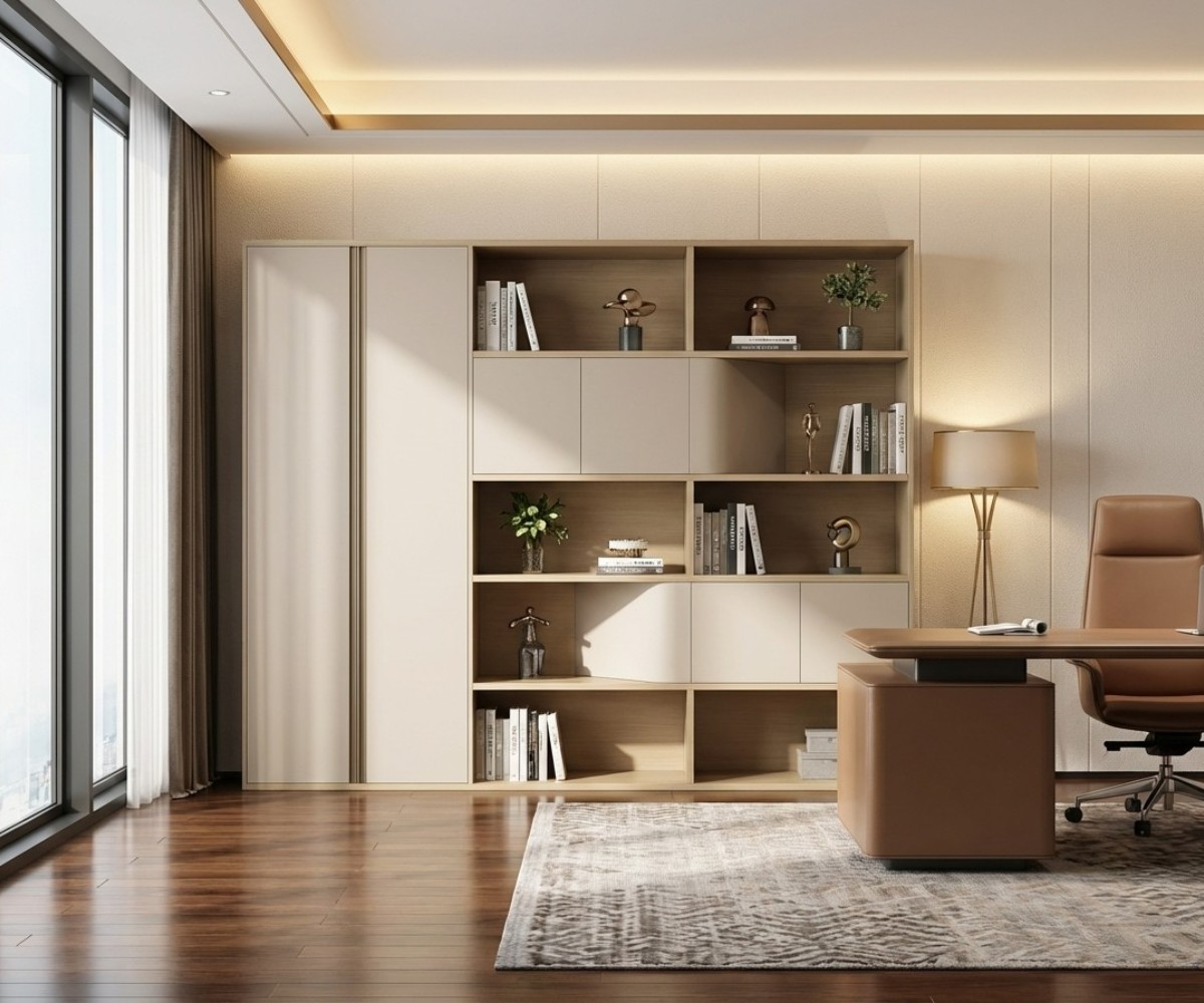 JK2420 beige office cabinet with open shelving in a warm-lit office