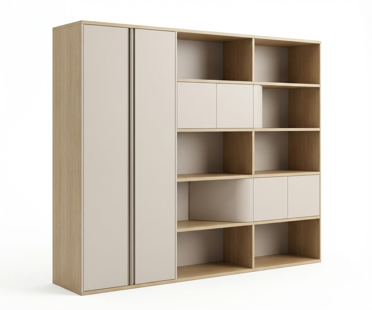 JK2420 beige office cabinet with open shelving in a warm-lit office