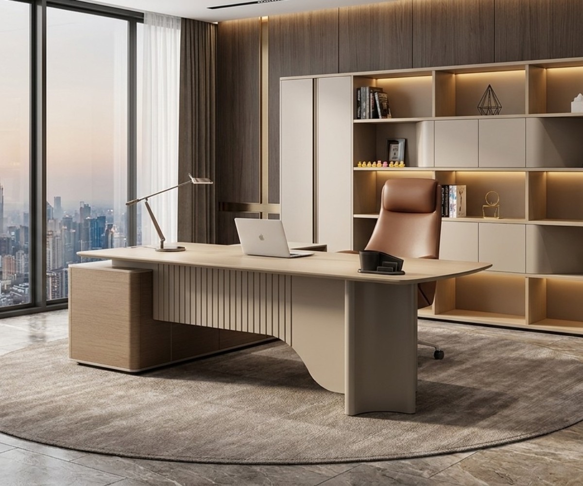 JK3020C executive L-desk in a city-view office with backlit shelving