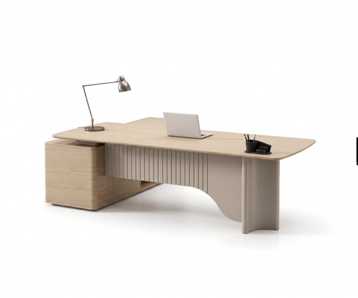 JK3020C executive L-desk in a city-view office with backlit shelving