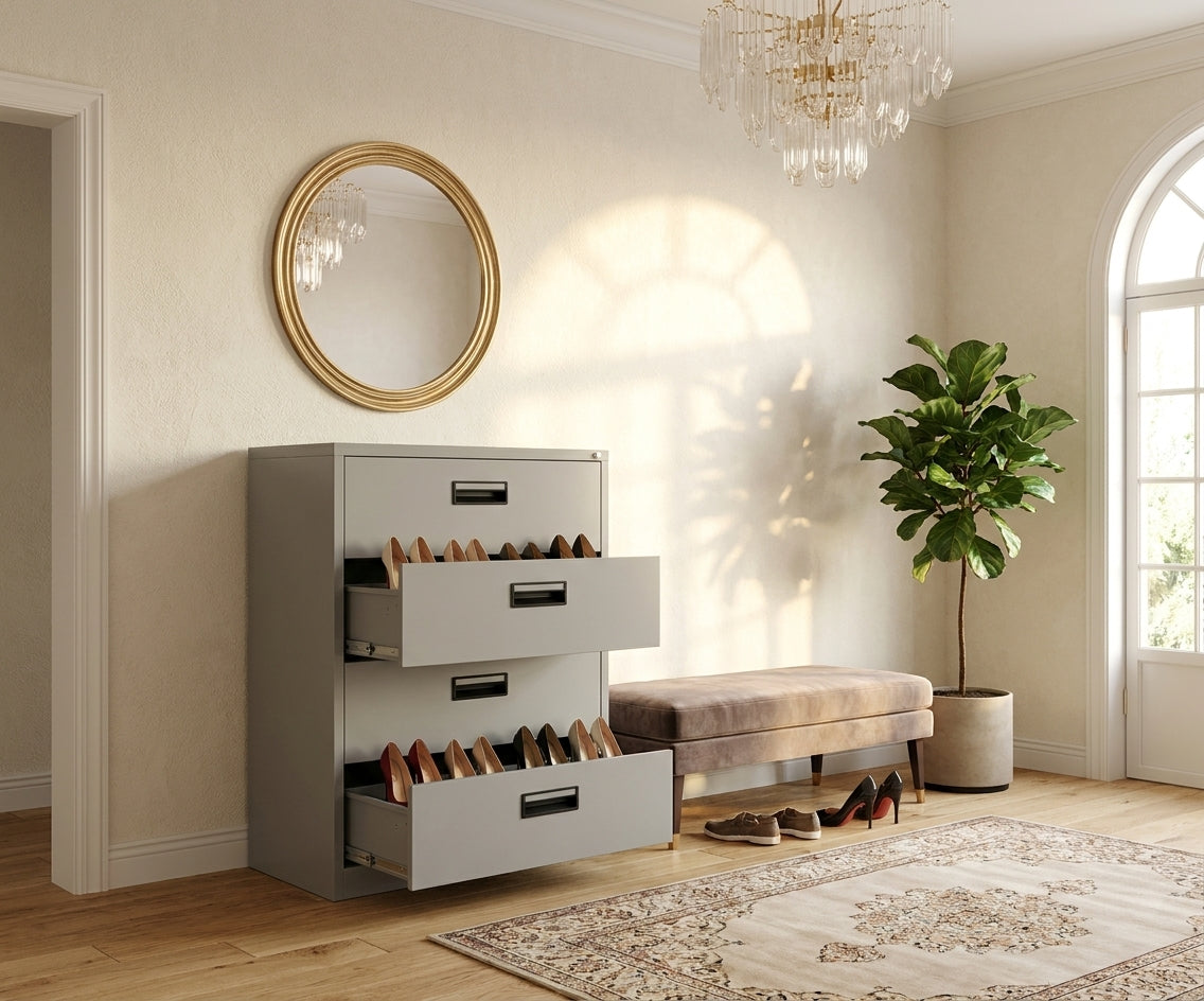JW minimalist shoe rack in a bright hallway with tilt-out drawers open
