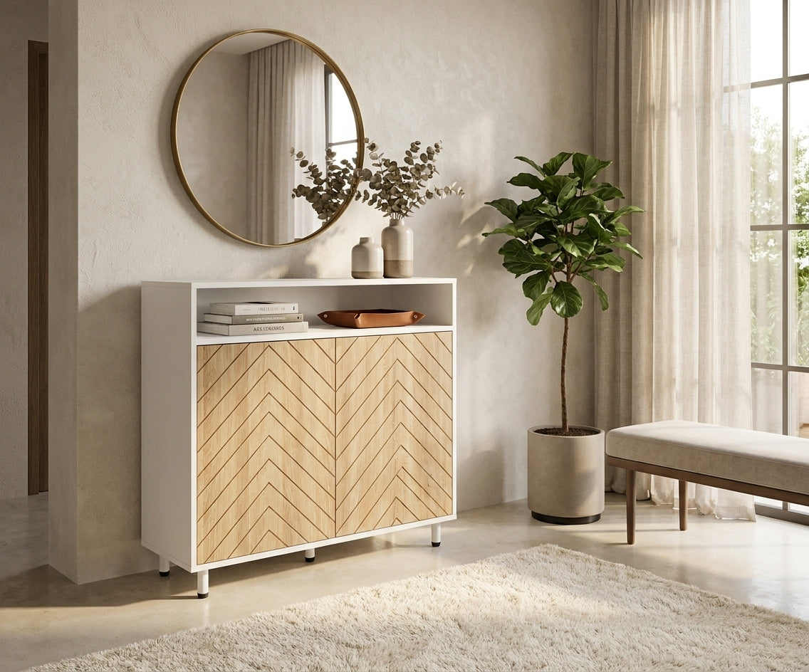 JW0205 wooden shoe cabinet in a bright hallway with a round mirror