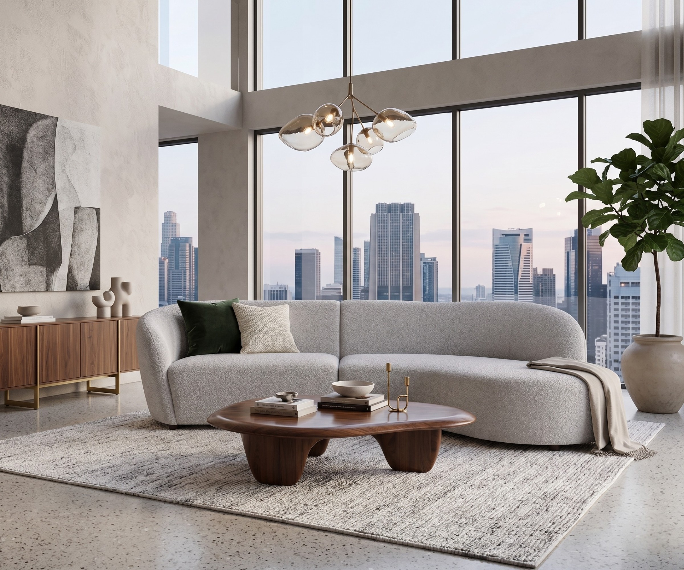 JYM2152 grey curved sofa in a bright city-view living room
