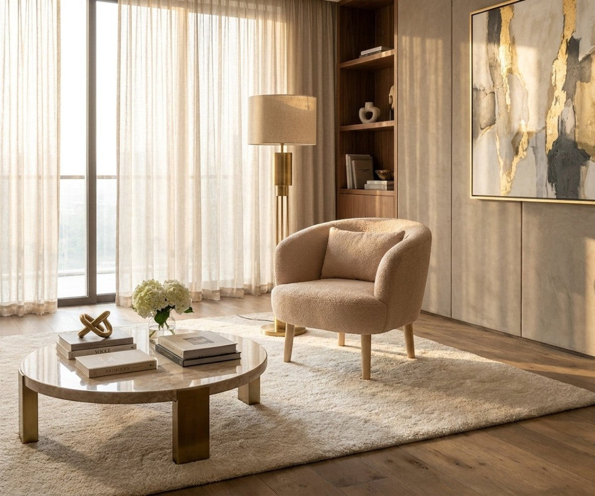JYM2316 modern barrel armchair in a warm living room with a marble table