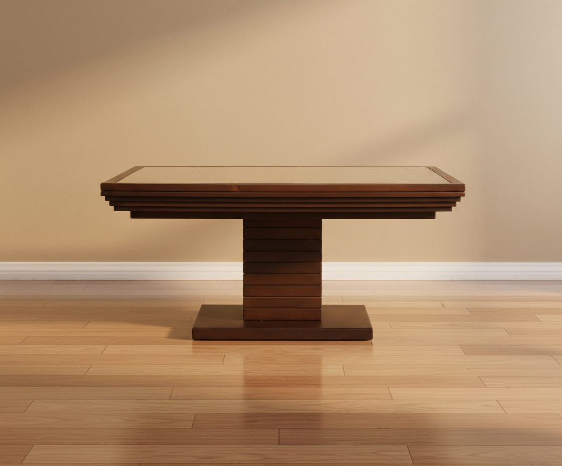 Körfez square wood table, front view with a stepped walnut pedestal