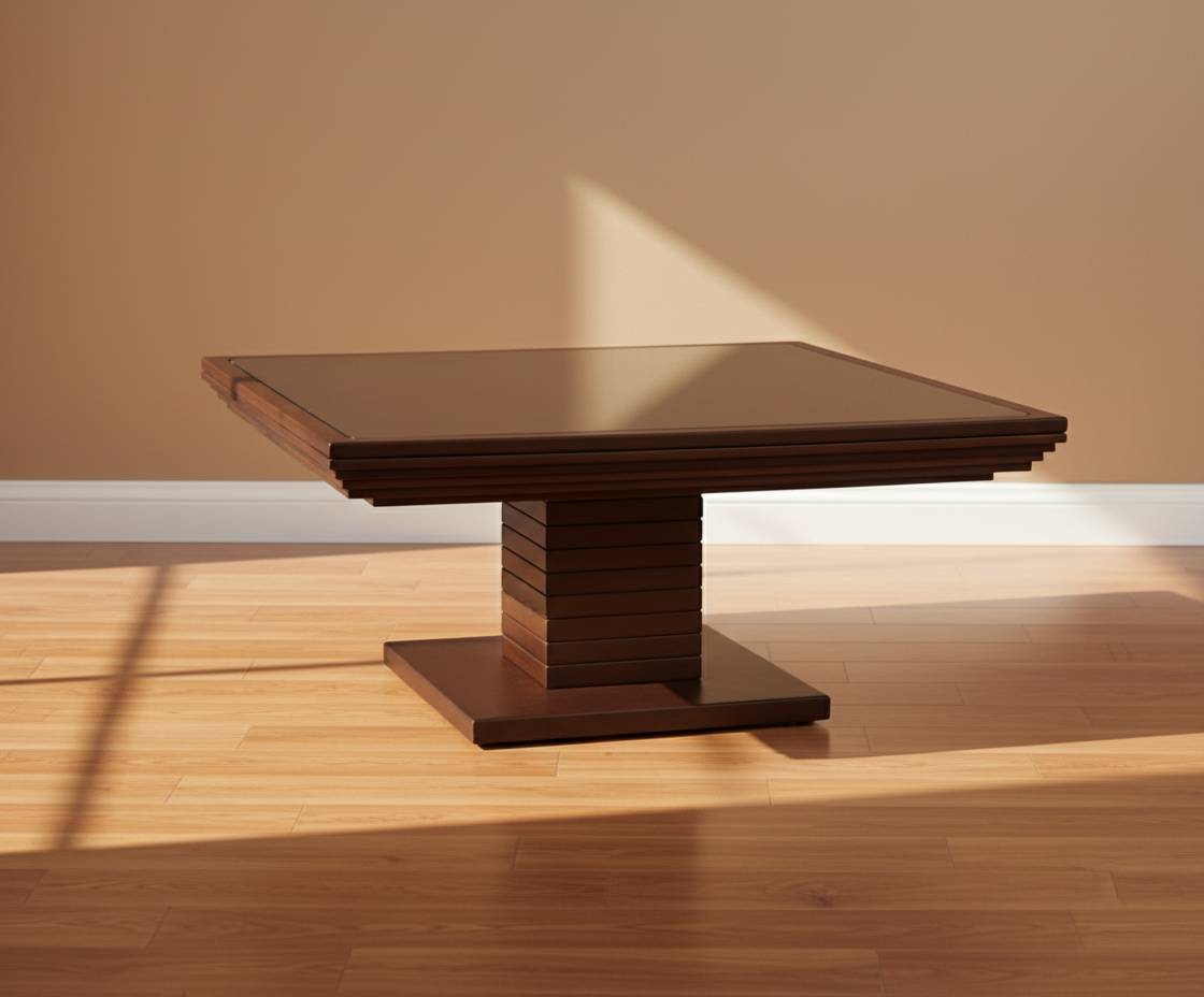 Körfez square wood table, front view with a stepped walnut pedestal