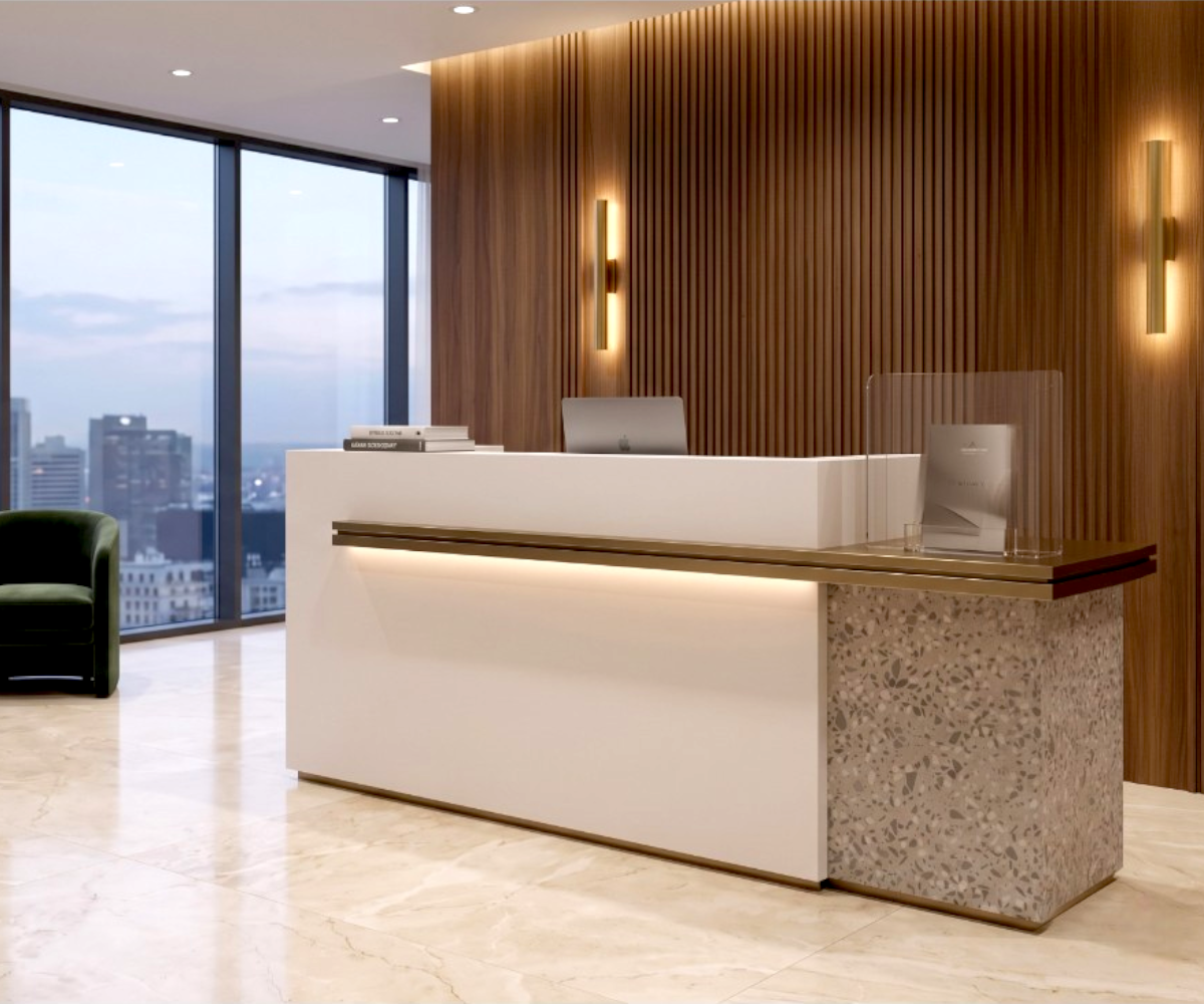 K71 marble modern reception desk in a slatted-wood lobby with a city view