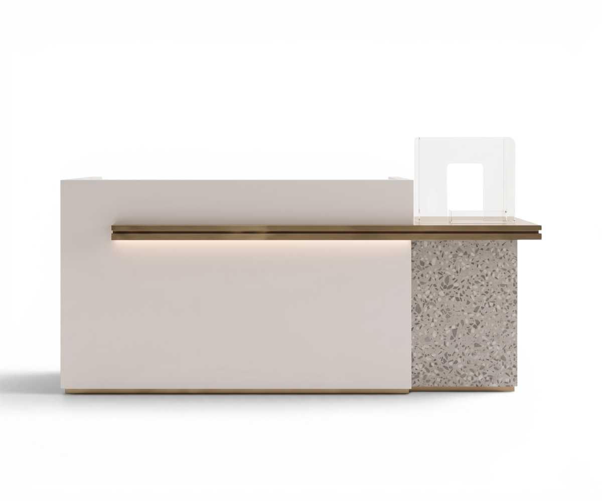 K71 marble modern reception desk in a slatted-wood lobby with a city view
