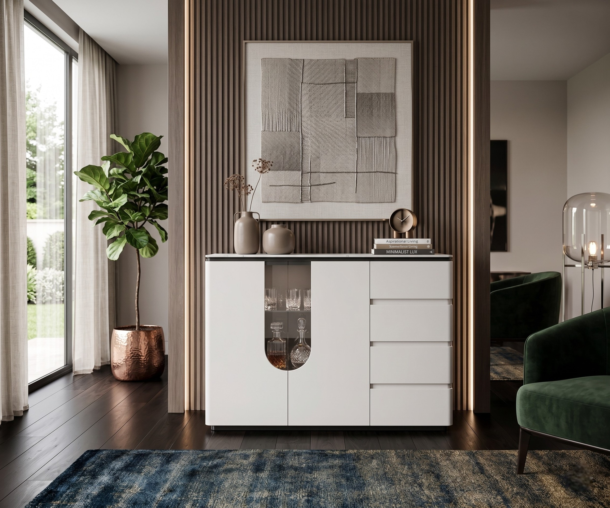 #KC-612 white black console in a slatted-wood living room