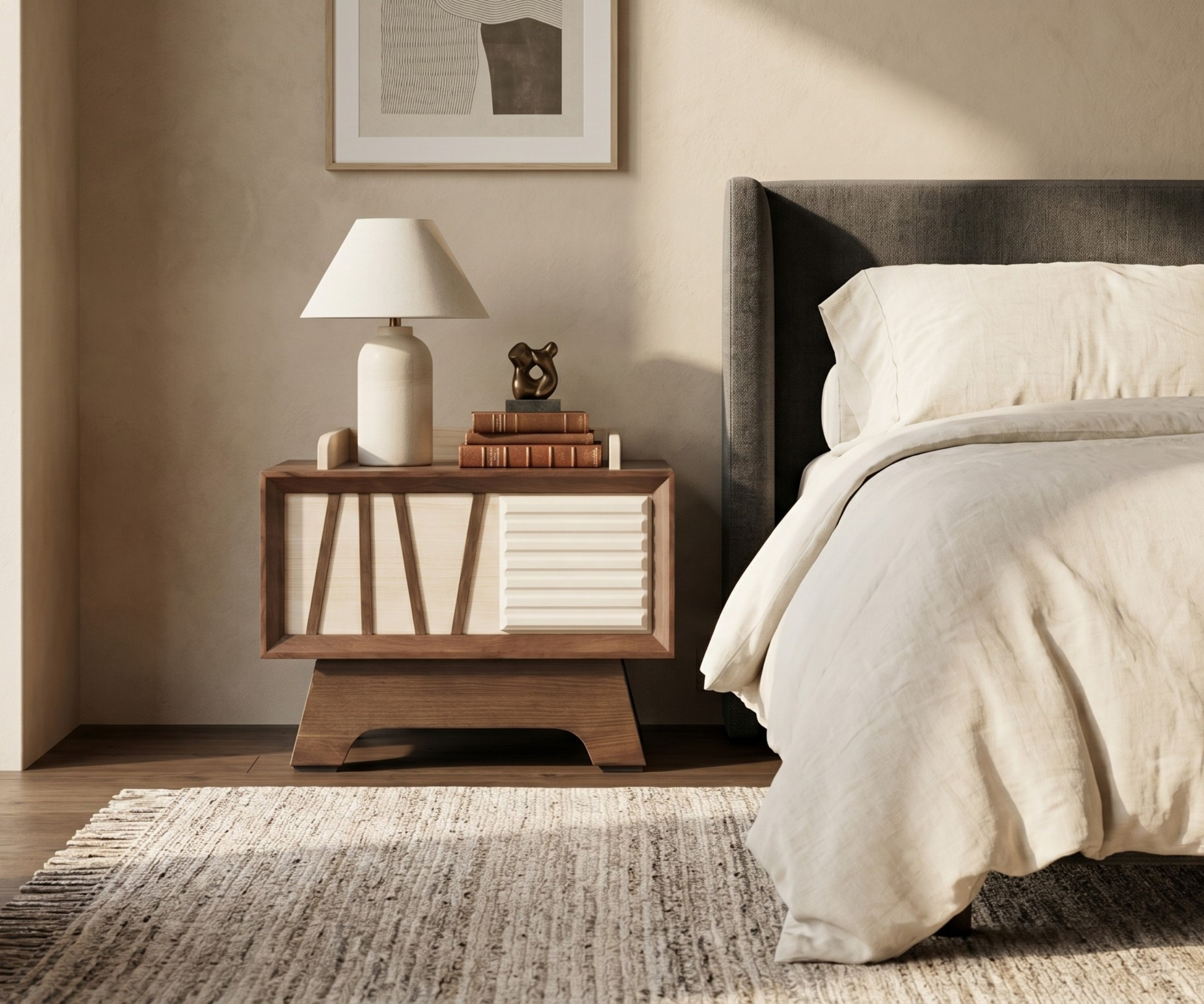 KCAD01 modern bedside cupboard in a warm bedroom beside a ceramic lamp