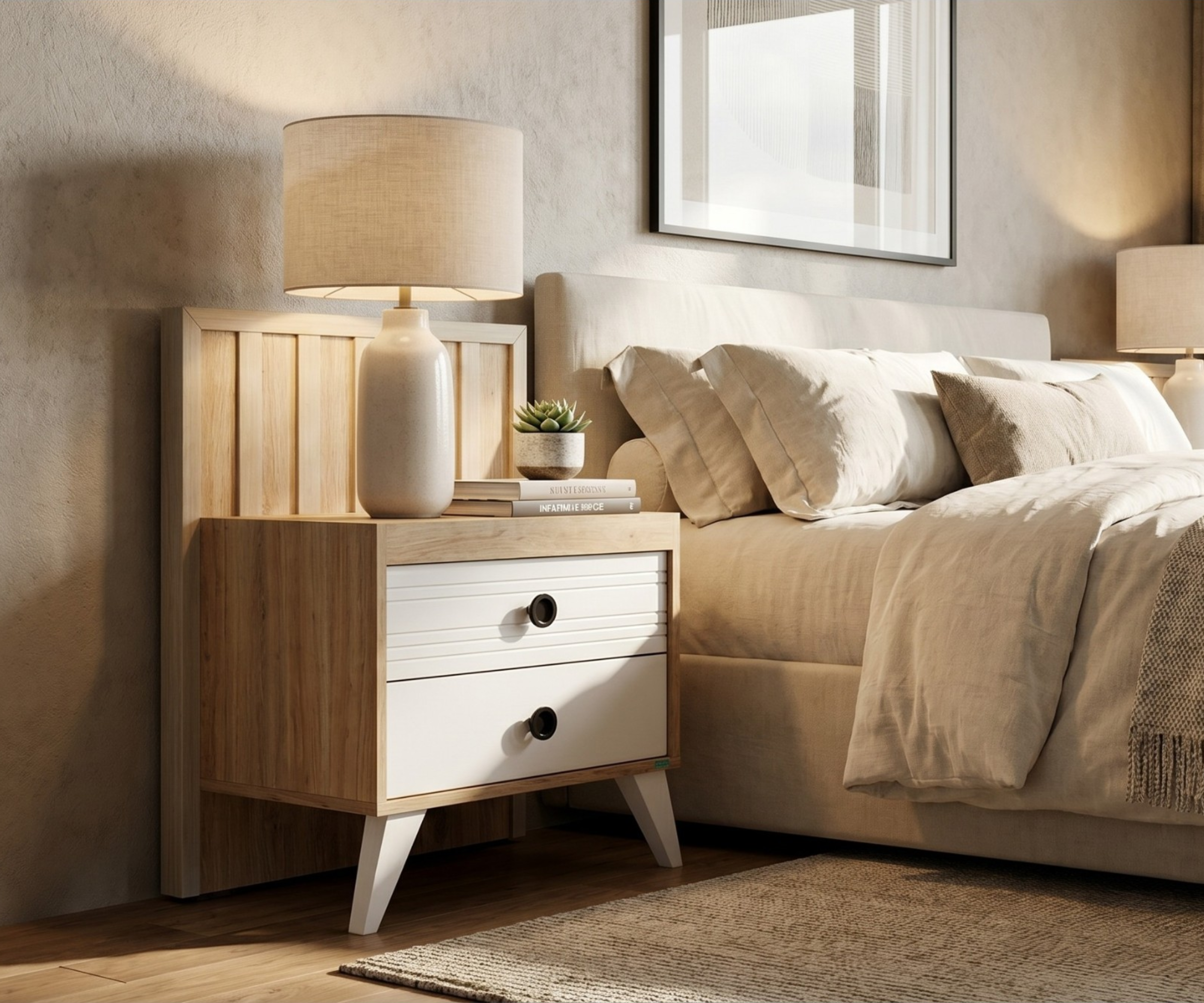 KCAL01 white bedside cupboard in a cream bedroom beside a linen headboard