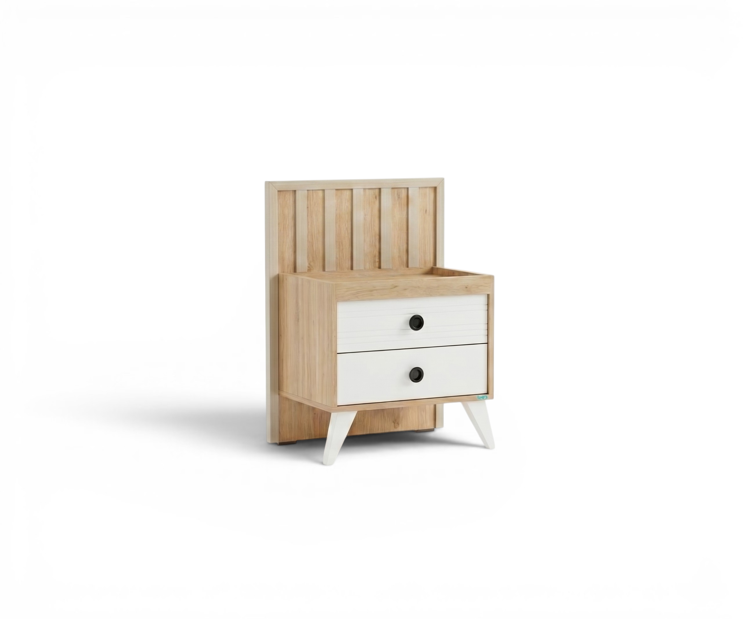 KCAL01 white bedside cupboard in a cream bedroom beside a linen headboard