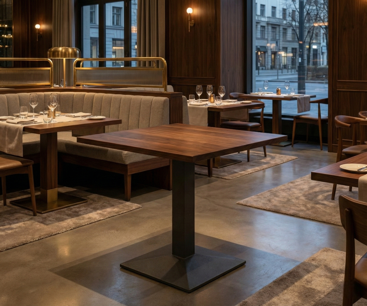 KINETIC charcoal square table base under a walnut table in a city-view restaurant