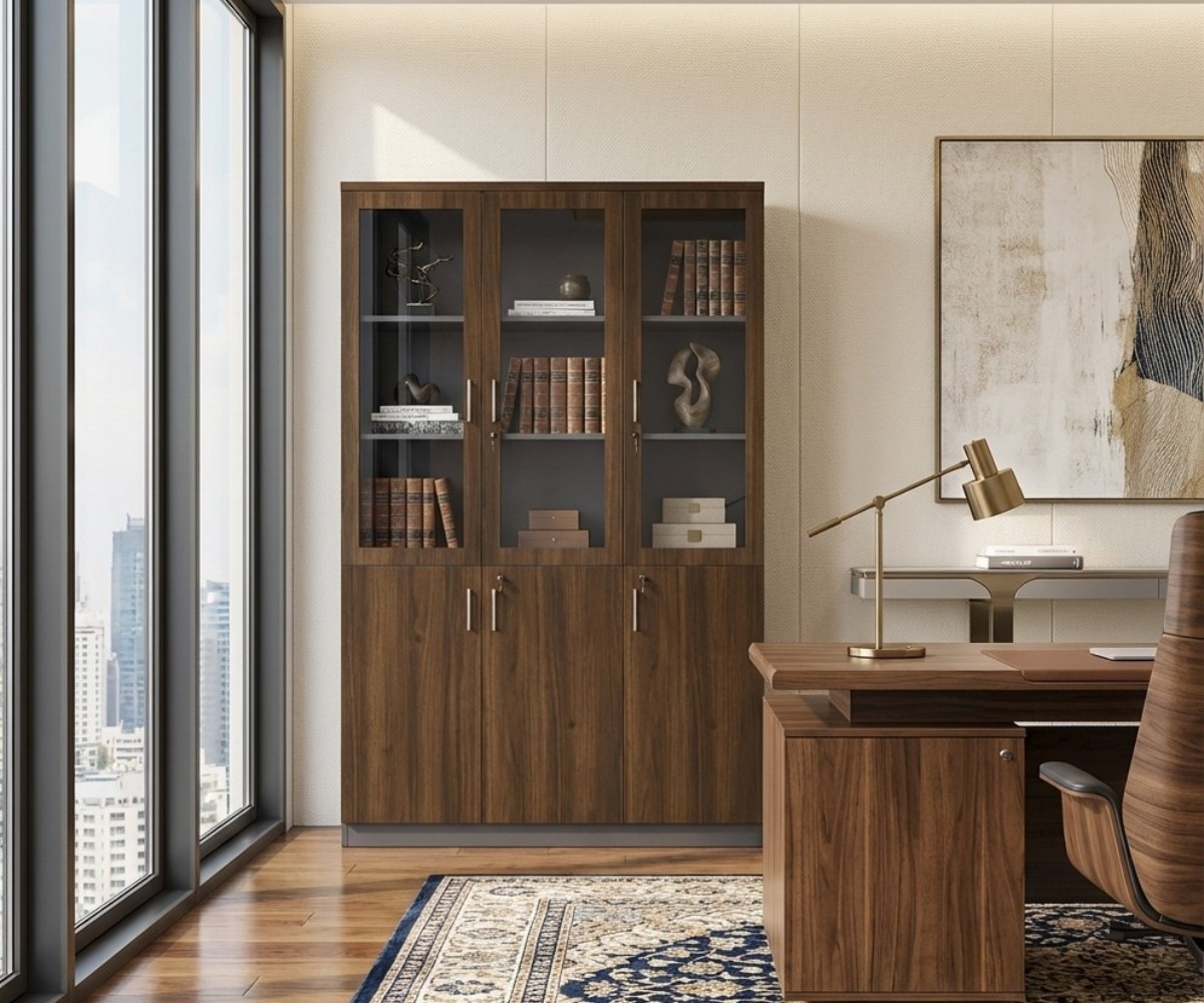 KN-D306-BG walnut cabinet beside a desk in a city-view office