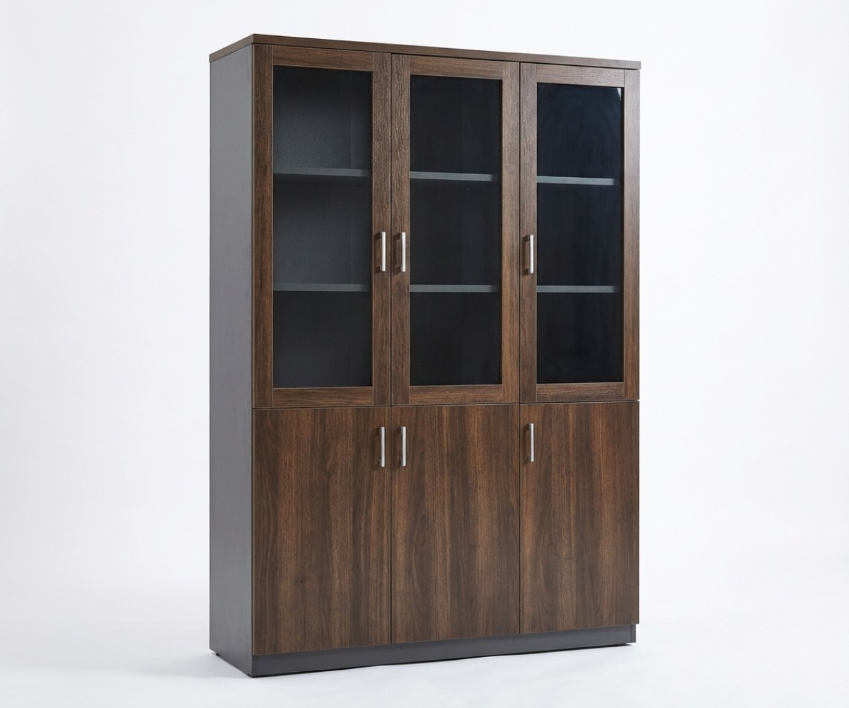 KN-D306-BG walnut cabinet beside a desk in a city-view office