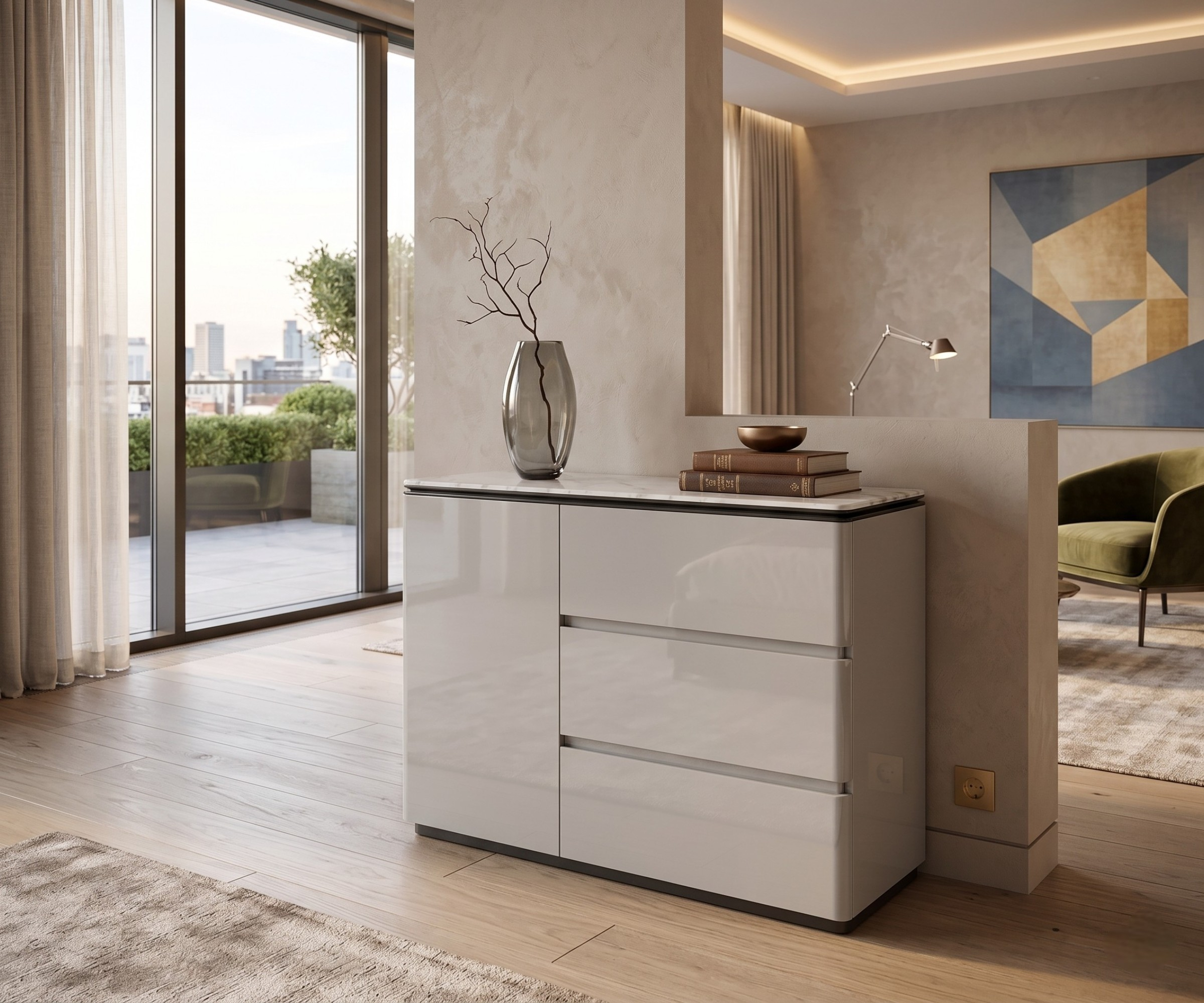 #KS-100 white drawer console in a bright room with a city view