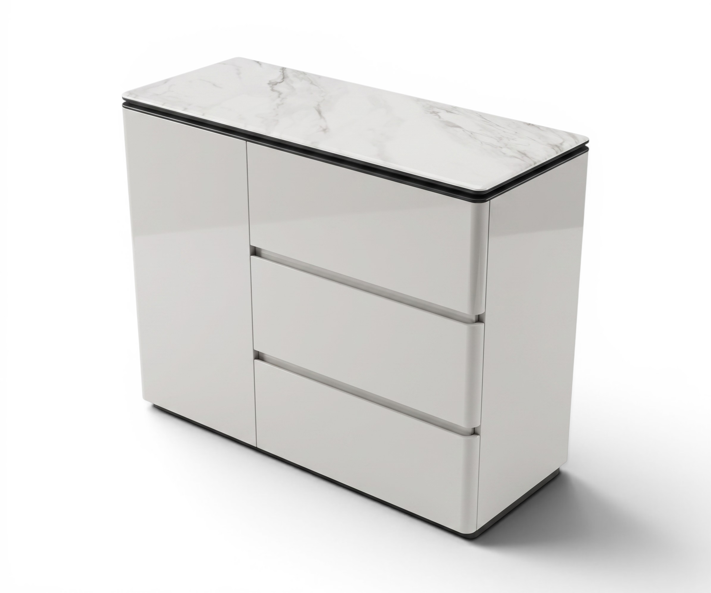 #KS-100 white drawer console in a bright room with a city view